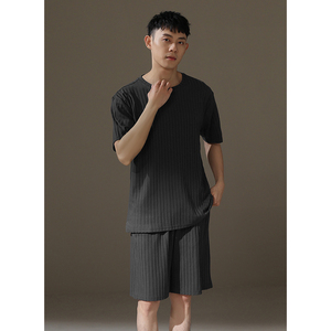 <span class=keywords><strong>Pijama</strong></span> de algodón de verano gris oscuro para <span class=keywords><strong>hombre</strong></span>, cuello redondo, manga corta, ropa de casa suelta a rayas, <span class=keywords><strong>tela</strong></span> de punto - Product Image 3