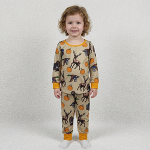 Conjunto de Pijama de Algodón para Niños, Estilo Chino Otoñal, Estampado de Ciervo y Calabaza, Manga Larga y Pantalones Cortos, Ropa Casual - Product Image 1