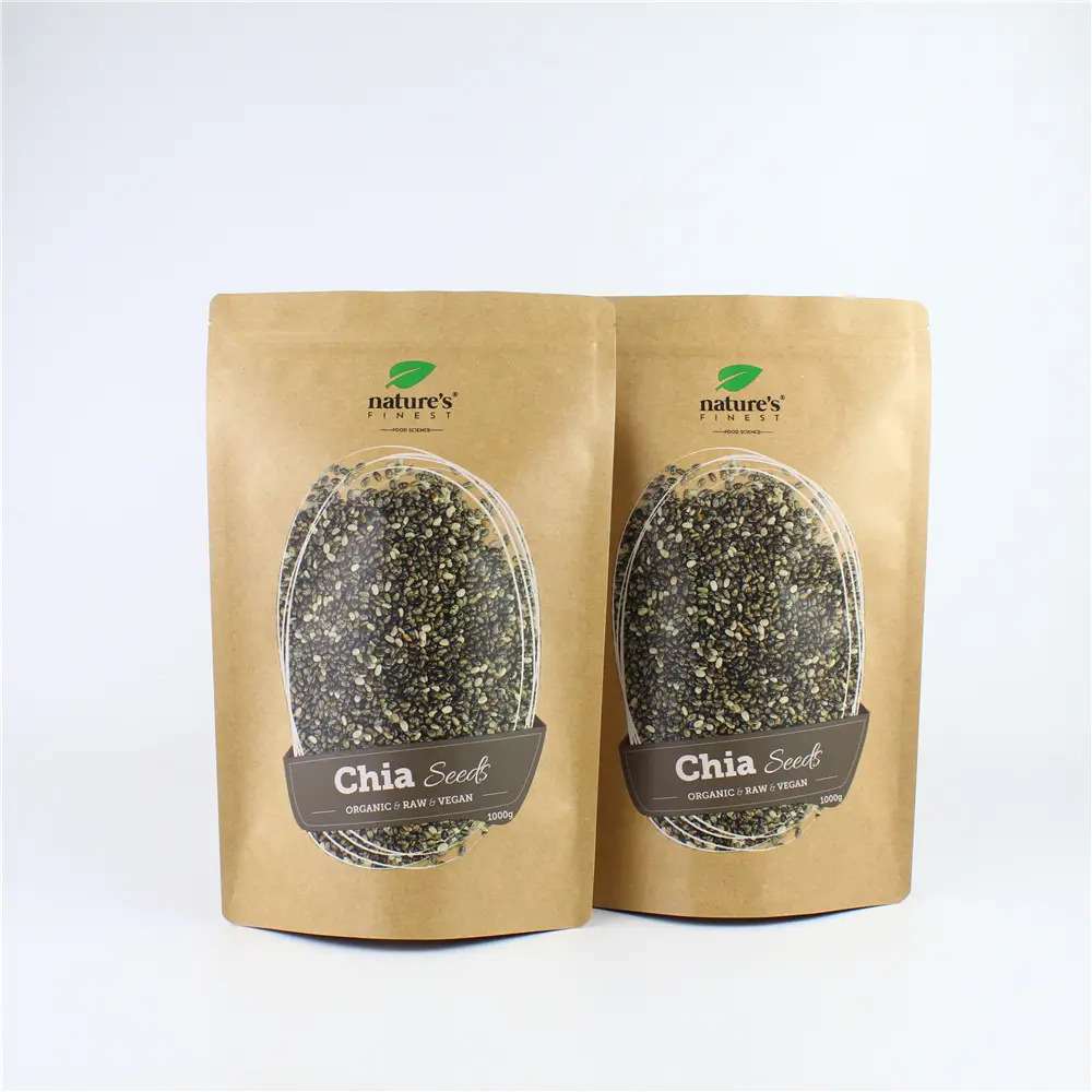 Custom printing food grade kraft paper organic chia seeds bags stand up ziplock pouch