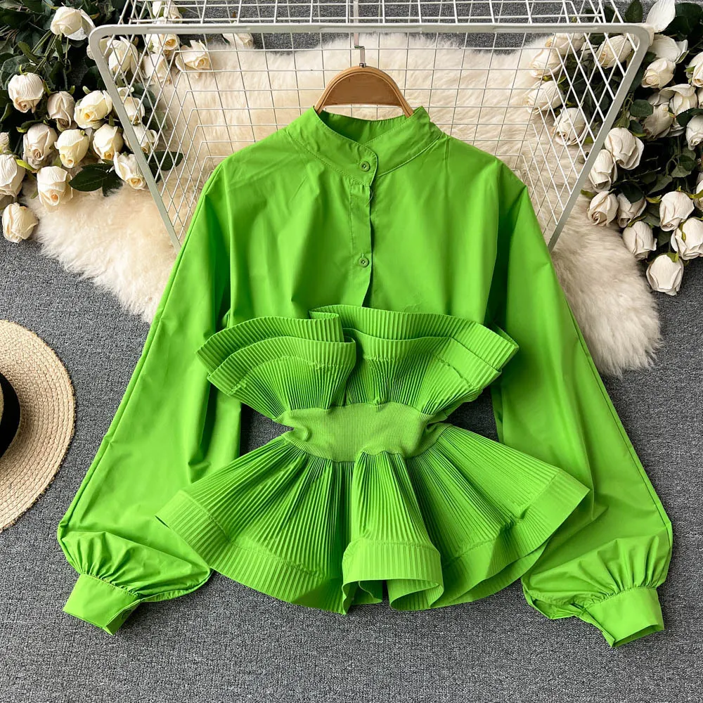 Baru 2024 Korea Chic lengan panjang warna Solid Ruffles menghias blus wanita Pullover Atasan pakaian