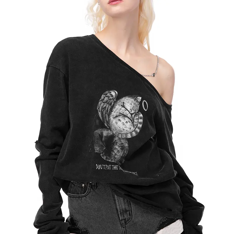 Custom Nieuwe Vrouwen Off The Shoulder Bedrukte Tops Lange Mouw Pullover Sweatshirt Causaal Losse Blouse Tuniek Shirt