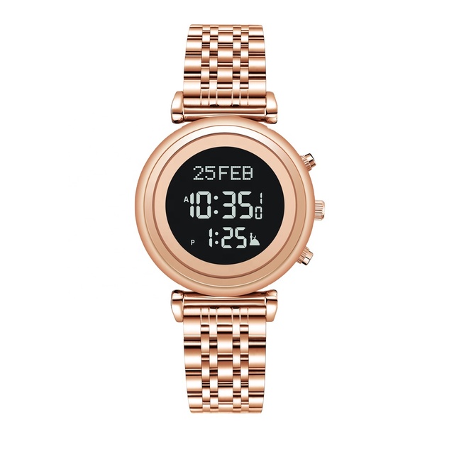 Fashion Design Stainless Steel Quality Lady Azan Watch Classic Dual Time Digital Watch for Islamic Mosque Muslim Alarm Prayer