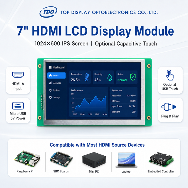 7 Inch HDMI LCD Display Module 1024x600 IPS Optional Capacitive Touch for Raspberry Pi, Mini PC, SBC and Embedded Controller