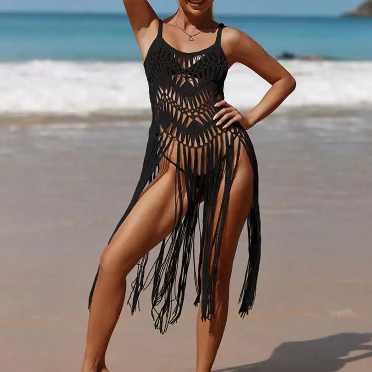 Trajes de vacaciones Tallas grandes Sexy Bohemio Mujeres Beach Cover Up Traje de baño de ganchillo con flecos