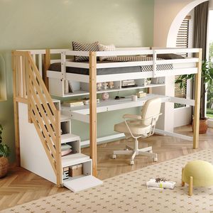 Grand <span class=keywords><strong>lit</strong></span> superposé mezzanine <span class=keywords><strong>en</strong></span> <span class=keywords><strong>bois</strong></span> <span class=keywords><strong>blanc</strong></span> de 90x200 cm avec étagères de rangement durables pour garçons et filles à l'école - Product Image 2