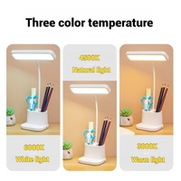 Lampe de bureau LED rechargeable par USB 800 mA, trois températures de couleur, porte-stylo, commande tactile, lampe de table pour l'étude