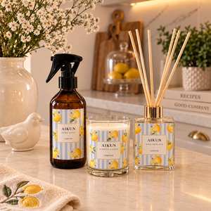 Set de Regalo de Fragancia para el Hogar Aikun Lemon Floral Coordinated Glass con Spray Ambiental, Vela Aromática y Difusor de Varillas, Empaque Personalizado - Product Image 1