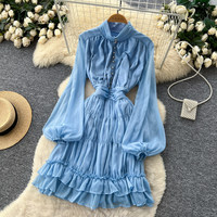 Robe Courte Élégante en Chiffon pour Femme WIWT, Col Montant, Manches Longues Lanterne, Ourlet Volanté, Idéale pour Soirées Décontractées