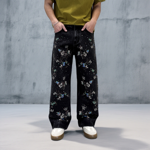 <span class=keywords><strong>Jeans</strong></span> de Pierna Recta para Hombre, Diseño Personalizado OEM, Denim Negro Lavado, Estampado Floral, Efecto de Salpicaduras de Pintura, Corte Holgado, Estilo Urbano - Product Image 1