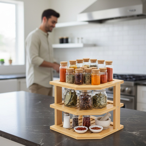 Estante de esquina de bambú de 3 niveles, organizador de especias de cocina, soporte de almacenamiento para condimentos, soporte de encimera para ahorrar espacio - Product Image 3