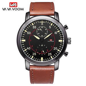 Montre chronographe de style pilote pour hommes, boîtier noir, sangle en cuir avec surpiqûres blanches, montre-bracelet de sport - Product Image 4