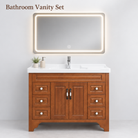 Ensemble de meuble-lavabo de salle de bain moderne autoportant en bois de chêne avec armoire miroir intégrée et vasque en céramique en chêne rouge