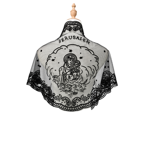 Luxe Noir Dentelle Vierge <span class=keywords><strong>Marie</strong></span> Motif Religieux Brodé Sheer Écharpe Triangle Église Châle pour Femmes - Product Image 4
