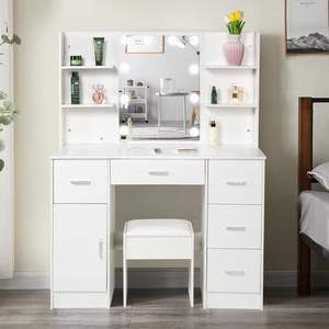 Coiffeuse de chambre en chêne avec tiroirs, éclairage LED intelligent, tabouret sur pied et <span class=keywords><strong>panneau</strong></span> MDF moderne - Product Image 1
