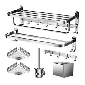 Qiaogang 304 estante de almacenamiento de baño de acero inoxidable conjunto cepillo de baño papel y toalla colgante estante 20kg capacidad de carga - Product Image 1