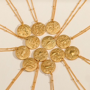 Nouveauté : Collier pendentif <span class=keywords><strong>Horoscope</strong></span> vintage plaqué or 18 carats, unisexe, design gaufré, signes <span class=keywords><strong>du</strong></span> zodiaque, acier inoxydable - Product Image 2