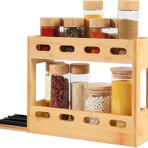 Étagère à épices en bambou, étagère à épices coulissante pour comptoir de cuisine, étagère de rangement en bois massif, support à épices à double niveau. - Product Image 5