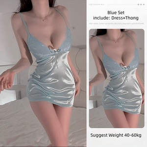 Robe de lingerie sexy en satin pour femme avec nœud sur le devant et coussinet de poitrine, lingerie avec string - Product Image 6