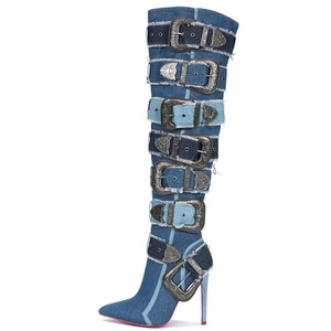 Custom Metal Belt Buckles Women Over Knee High Boots Slim Heels Denim Long <b>Booties</b> Sexy Punk Blue Stiletto Dress Shoes - Product Image 6
