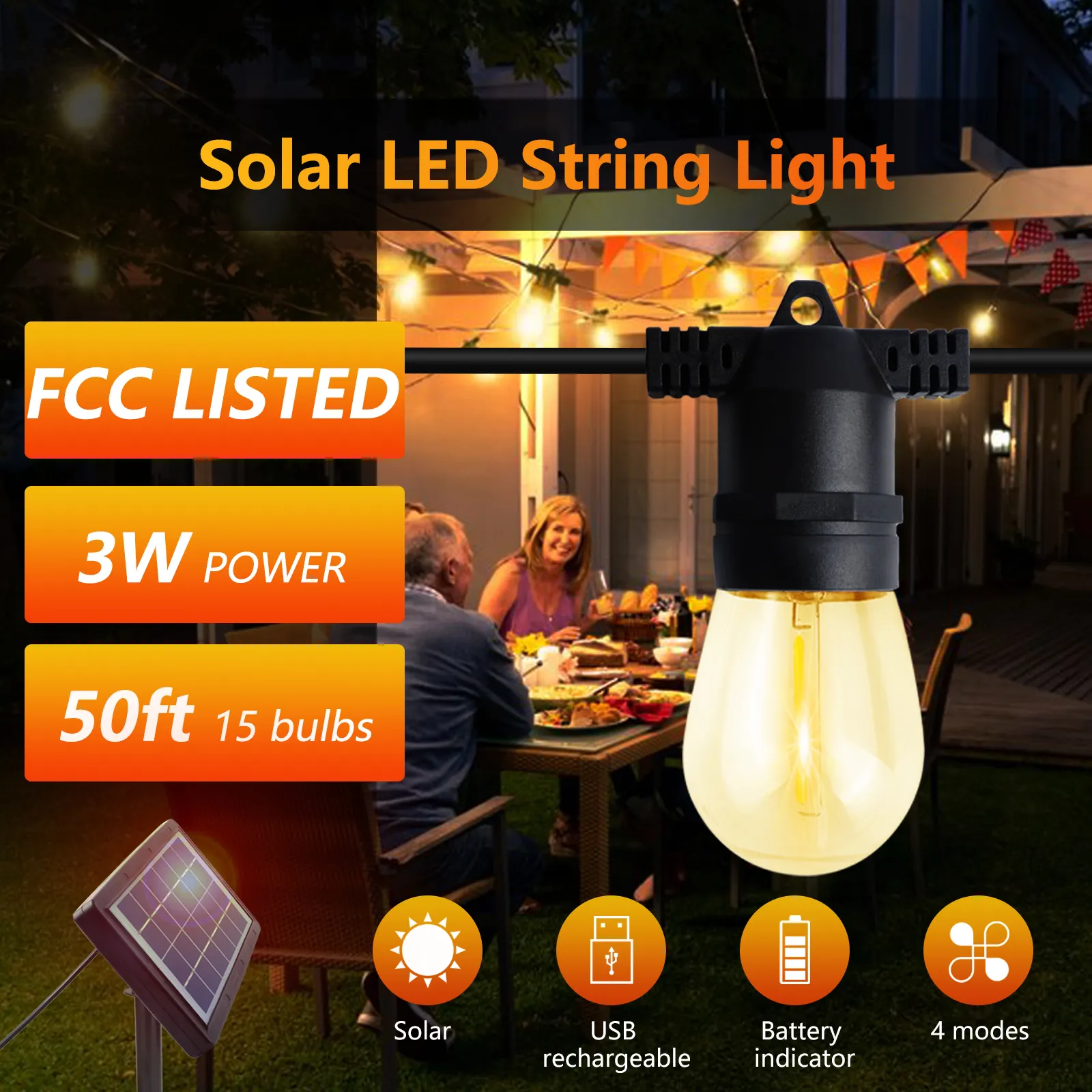 Mais novo Festoon string light S14 3W 50FT 15 lâmpadas à prova d'água solar string light para jardim, quintal, camping