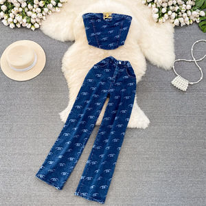 Nouveau ensemble de pantalons deux pièces sexy pour femmes sans bretelles Denim à lacets hauts courts ensemble de jeans droits à jambes larges pour femmes - Product Image 1