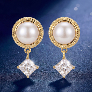 S925 Silver Gold Plated Round Pearl Drop Earrings <b>Square</b> CZ Pendant Twisted Rope <b>Edge</b> Elegant Jewelry for Women - Product Image 3