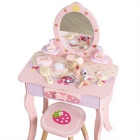Table de maquillage pour jeu d'imitation avec tiroir, ensemble de salon de beauté avec accessoires de maquillage, ensemble de coiffeuse en bois motif fraise pour enfants