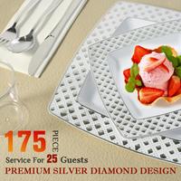 175 pièces vente en gros vente chaude assiettes à dîner en plastique ensemble couverts rose or jante assiette en plastique jetable pour la fête de mariage