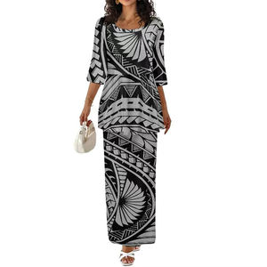 Robe longue d'été et d'automne à motif floral avec logo personnalisé, col rond, manches courtes, ensemble 2 pièces polynésien, taille haute élégante pour femme, décontractée - Product Image 3