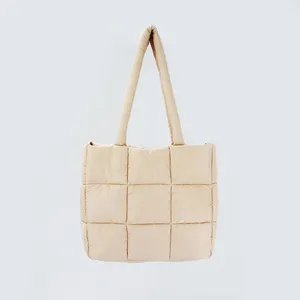 Waterproof Custom Cream Magnetic Closure Puffer Handbag Nylon Checkered Quilted Puffer Tote Bag for Women