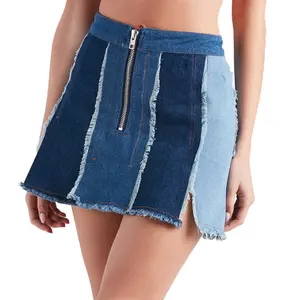 KY Hot Girls Short Sexy Mini Skirt with High-rise Waist Patchwork Design of Different Washes Custom Denim Mini Skirt