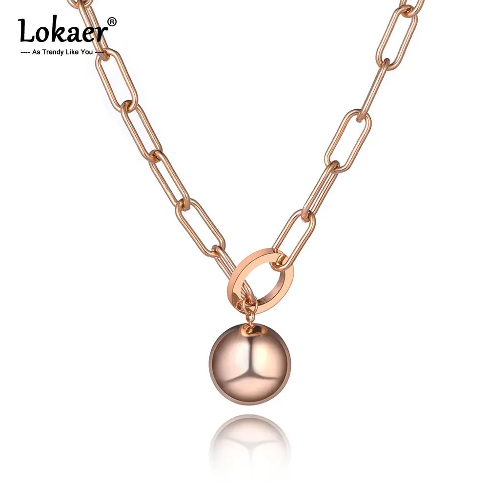 Lokaer kalung liontin bola bulat, Kalung panjang 22 "Chian untuk wanita, Kalung liontin bola bulat baja tahan karat Titanium N19162