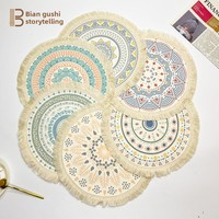 Set de table rond en coton tissé style bohème nordique 34 cm, isolant thermique, anti-déchirure, avec pompons