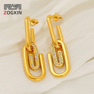 Zogxin Paperclip Earrings Gold Stainless Steel Studs Geometric Design Party Jewelry for Women - Product Image 1