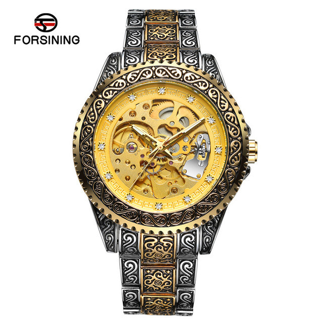 Forsining Mechanical Mens Watch Automatic Men Wristwatch Vintage Diamond Stainless Steel Skeleton Watches Gold Relogio Masculino
