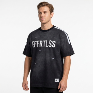 T-shirt en coton noir oversize pour homme, manches courtes, col rond, style streetwear, imprimé lettres vieillies, coupe jersey, pour l'extérieur - Product Image 1