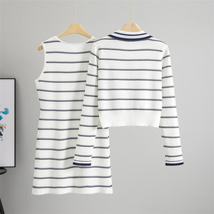 Knit <b>Dress</b> And <b>Cardigan</b> Set Women Cotton Striped Sleeveless A Line Round Neck <b>Cropped</b> <b>Cardigan</b> Long Sleeve Casual Office OEM - Product Image 2