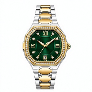 Montre analogique de luxe pour femme, cadran vert, lunette sertie de diamants, bracelet en acier inoxydable, mouvement à quartz - Product Image 1