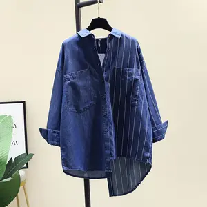 Wholesale 2021 Autumn New Dark Blue Denim Shirt Korean Irregular Double Pocket Striped Stitching Shirt