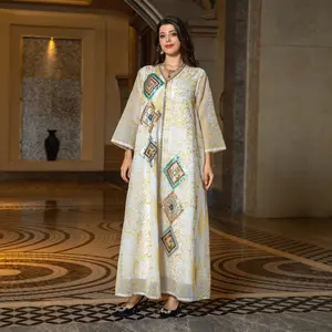 2023 New Dubai Evening Party Gold Mesh Embroidery Sequins Long Sleeve V-Neck Casual Abaya Fashion Chic Saudi Women Kaftan