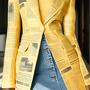 Cappotto Autunnale da Donna in Poliestere Intrecciato, Stile Vintage Casual, Maniche Lunghe, Scollo a V, Bottoni, Stampa Giornale - Product Image 2