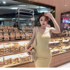 Yellow <b>Spaghetti</b> Strap Bodycon Dress Women Slim Fit Solid Color <b>Long</b> Skirt Party Casual Dresses Natural Waistline Polyester - Product Image 4