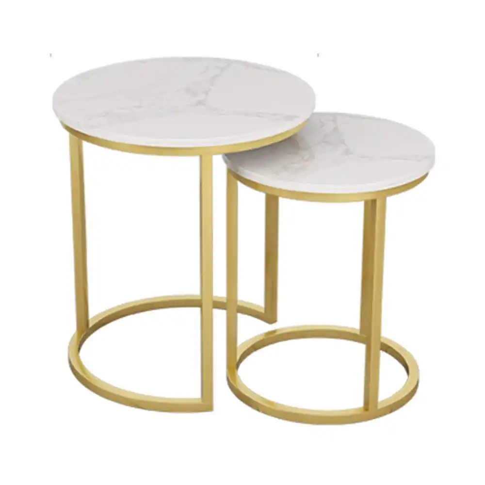 Ensemble de 2 Table d'angle en marbre massif, meuble à empiler, Table de nuit dorée, pour le salon