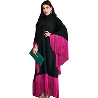 Abaya musulmane de luxe Hafizah 2026 Dubaï, robe modeste noire et rose à franges
