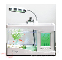 Aquarium de bureau USB multifonction JSD, mini aquarium avec lampe LED, horloge numérique et porte-stylo pour la maison et le bureau