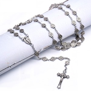 Collana Unisex con <span class=keywords><strong>Rosario</strong></span> Placcato Argento <span class=keywords><strong>Antico</strong></span>, Crocifisso Intricato, Medaglie di San Benedetto, Motivo a Croce in Stile Cattolico - Product Image 3