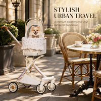 Poussette pour animaux de compagnie en cuir PU crème, chariot de transport pour chien et chat, pliable, 4 roues, poussette de voyage en plein air