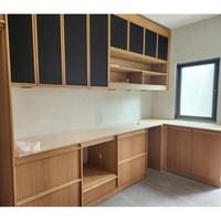 Meuble de cuisine professionnel tout-en-un, finition bois couleur noyer, style Shaker, avec placage en bois rainuré et accessoires