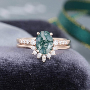 Anillo de Media Eternidad de Plata de Ley 925 con Corte Marquesa, Oro Rosa Vintage, Anillo de Compromiso con Ágata Musgosa de Corte Ovalado - Product Image 2