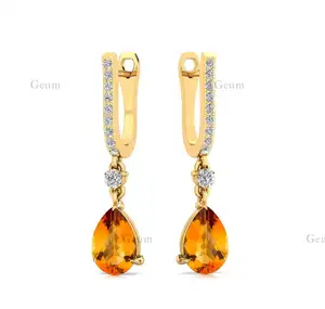 Genuine White Diamond Designer Hoop Drop Earrings In 14K Solid Gold with Natural Citrine Gemstone Luxurious Bridal Jewelry Bulk